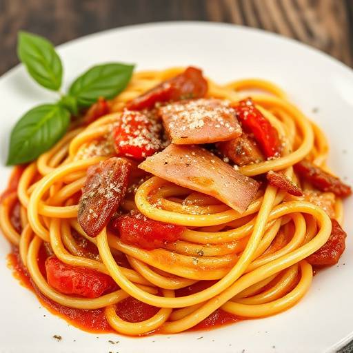 Bucatini all'Amatriciana con guanciale e pomodoro San Marzano