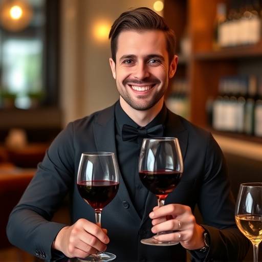 Cameriere sorridente che serve un bicchiere di vino rosso a un cliente