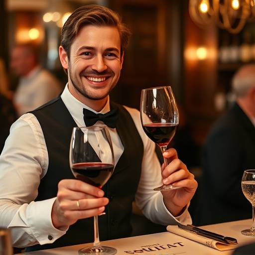 Cameriere sorridente serve un bicchiere di vino rosso ad un cliente