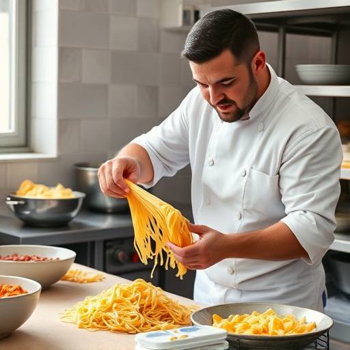 Chef Marco che prepara la pasta fresca nella cucina della trattoria