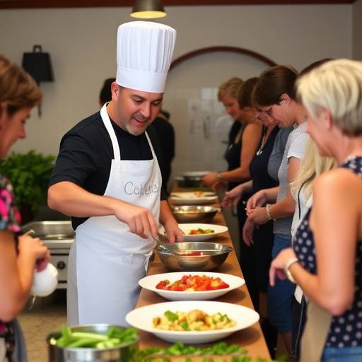Chef Marco con la sua squadra durante un corso di cucina per turisti