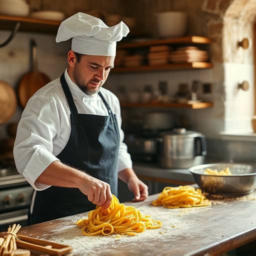 Chef Marco prepara la pasta fresca nella cucina della Trattoria del Sole