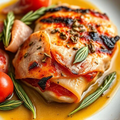 Dettaglio di un piatto di saltimbocca alla romana con prosciutto e salvia