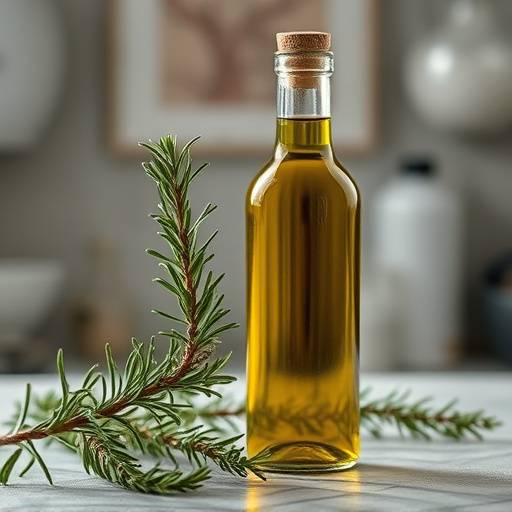 Dettaglio di una bottiglia di olio extra vergine di oliva e un rametto di rosmarino su un tavolo