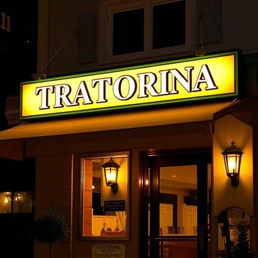 Esterno della Trattoria del Sole con l'insegna illuminata di notte
