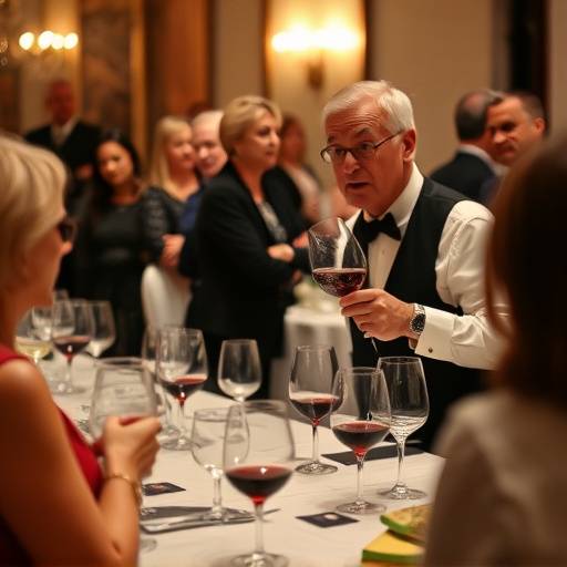 Evento di degustazione di vini con sommelier che spiega le caratteristiche del vino