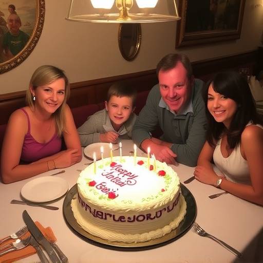 Famiglia che festeggia un compleanno alla Trattoria del Sole con una torta