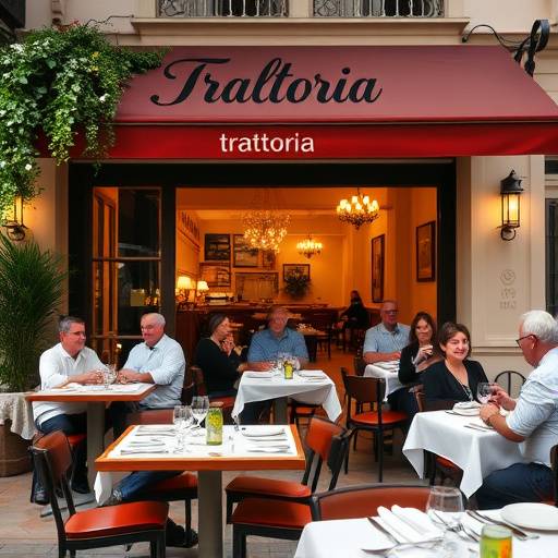 Interno accogliente della Trattoria del Sole con tavoli apparecchiati e clienti sorridenti