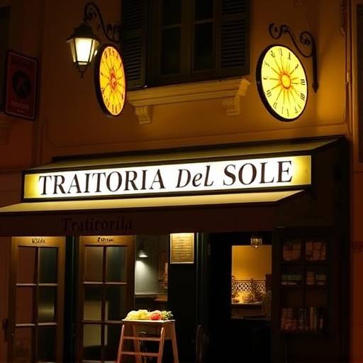 La Trattoria del Sole vista di notte con le luci che illuminano l'insegna