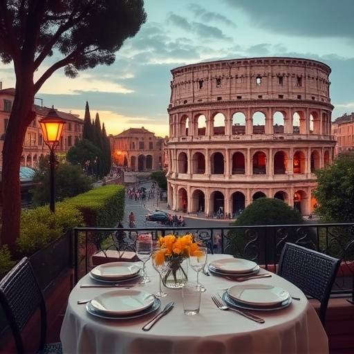 Tavolo all'aperto con vista sul Colosseo durante una calda serata estiva
