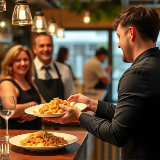 Un cameriere sorridente serve un piatto di pasta fresca a un cliente seduto a un tavolo