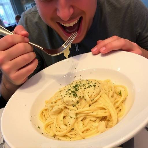 Un cliente che sorride mentre assaggia un piatto di pasta cacio e pepe