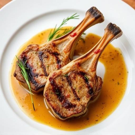 Un piatto di Abbacchio alla Scottadito, con costolette di agnello alla griglia, profumate con rosmarino e aglio.