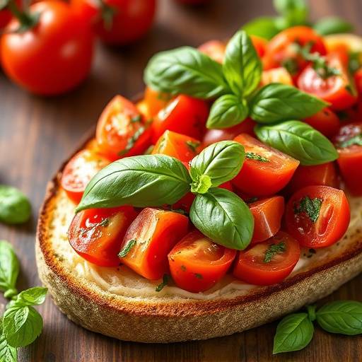 Un piatto di bruschette miste con pomodoro fresco e basilico