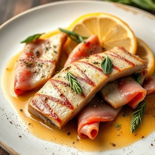 Un piatto di Saltimbocca alla Romana, con fettine di vitello, prosciutto crudo, salvia fresca e un tocco di vino bianco.