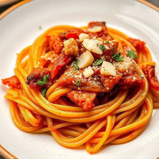 Un piatto fumante di Amatriciana, con guanciale croccante, pomodoro San Marzano e pecorino romano grattugiato.