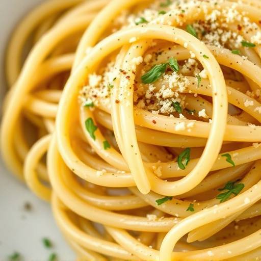 Un primo piano di un piatto di Cacio e Pepe, con pasta fresca, pecorino romano e pepe nero appena macinato.