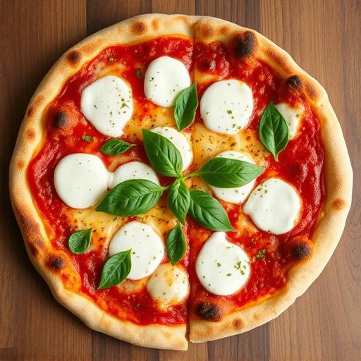 Un primo piano di una pizza romana, sottile e croccante, con mozzarella di bufala, pomodorini freschi, basilico e un filo d'olio extra vergine d'oliva.