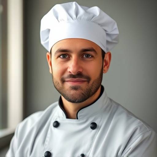 Un ritratto sorridente dello Chef Alessandro Rossi, con il suo cappello da cuoco e la divisa della Trattoria del Sole.