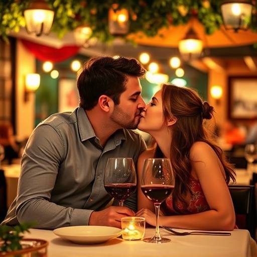 Una coppia che si bacia romanticamente durante una cena alla Trattoria del Sole