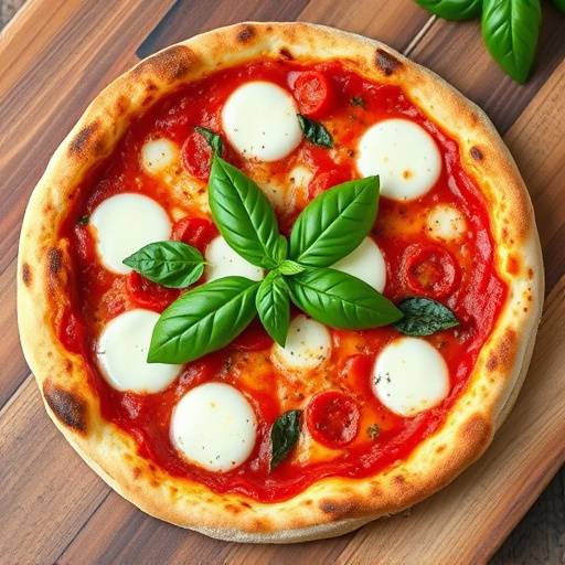 Una pizza margherita appena sfornata con basilico fresco e mozzarella filante