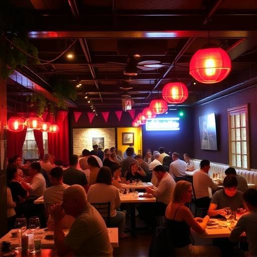 Vista della sala principale della Trattoria del Sole durante un'affollata serata di sabato